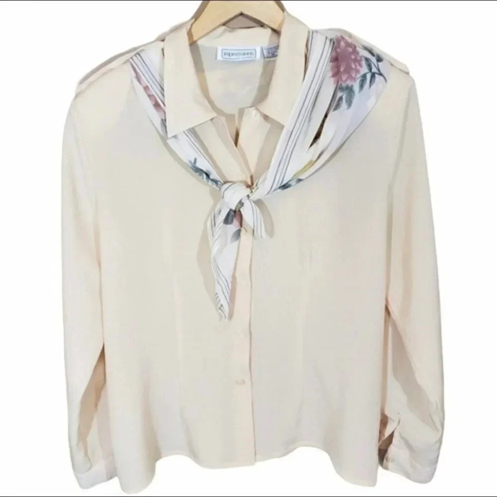 Impressions‎ Blouse 14 Cream Vintage Floral Scarf Tie Button Down Epaulets Korea